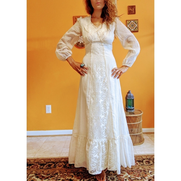 70s Calico lace prairie dress - Picture 2 of 7